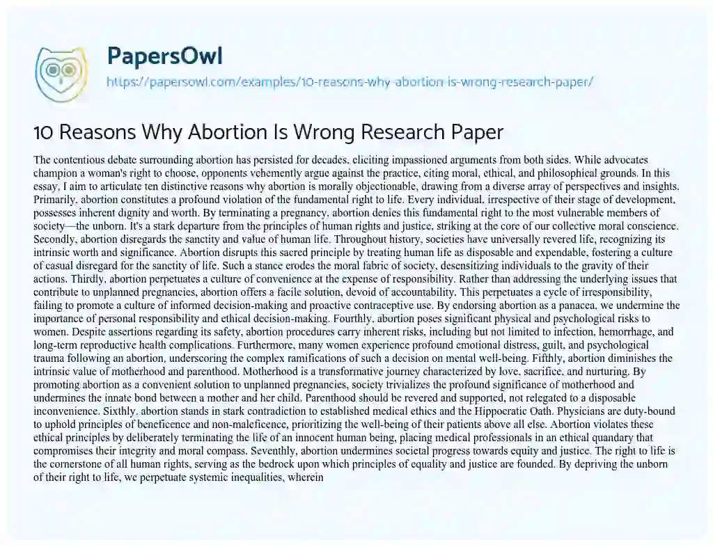 Essay on 10 Reasons why Abortion is Wrong Research Paper
