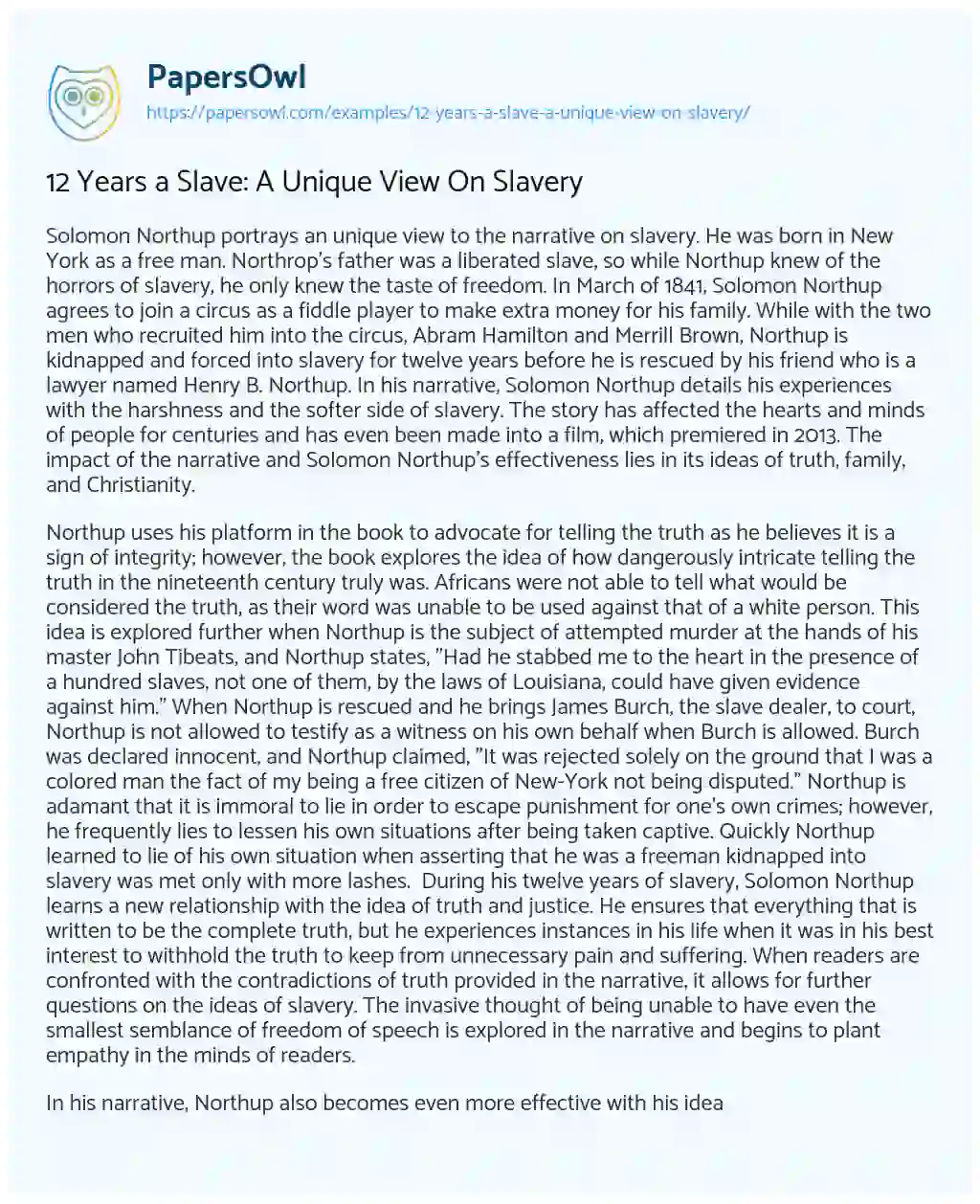 Essay on 12 Years a Slave: a Unique View on Slavery