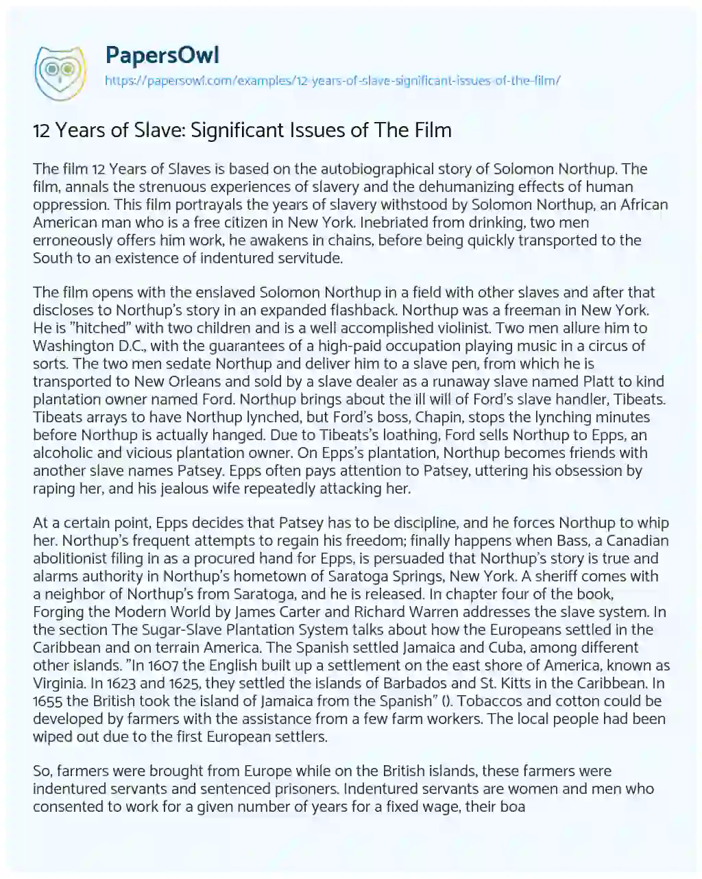 Essay on 12 Years of Slave: Significant Issues of the Film