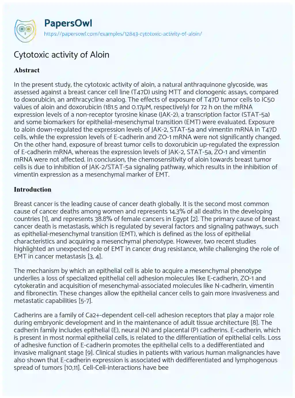 Essay on Cytotoxic Activity of Aloin