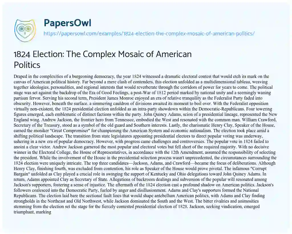 Essay on 1824 Election: the Complex Mosaic of American Politics