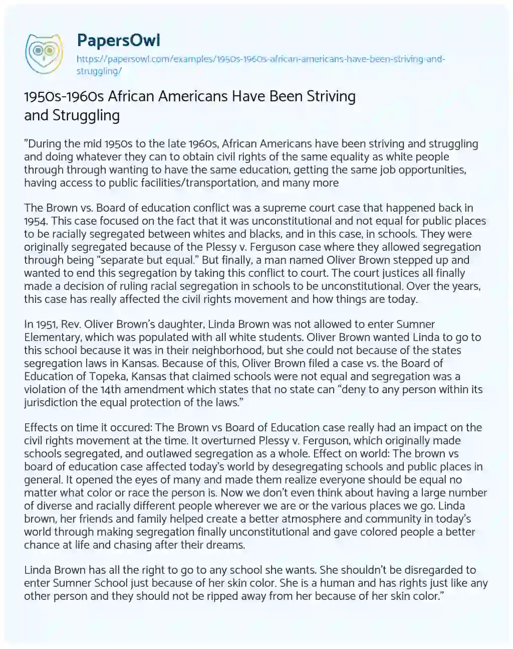 Essay on 1950s-1960s African Americans have been Striving and Struggling