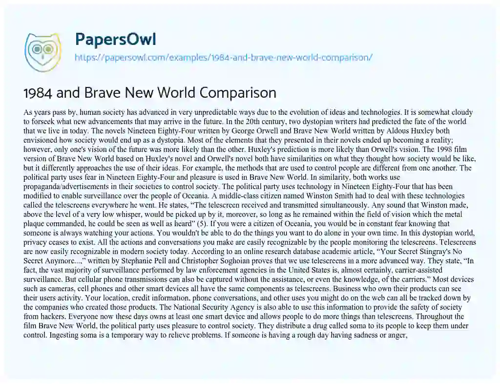 Essay on 1984 and Brave New World Comparison