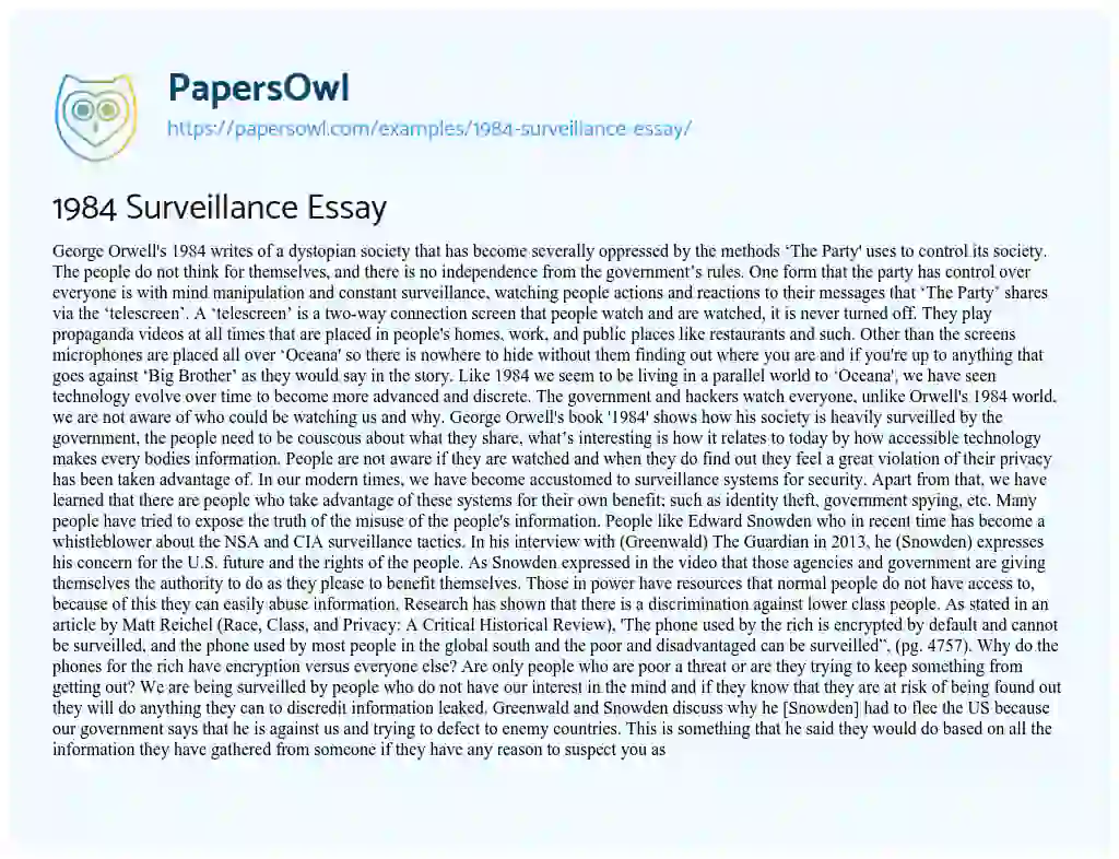 Essay on 1984 Surveillance Essay
