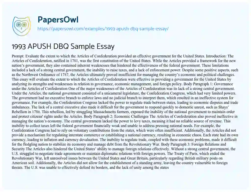 Essay on 1993 APUSH DBQ Sample Essay