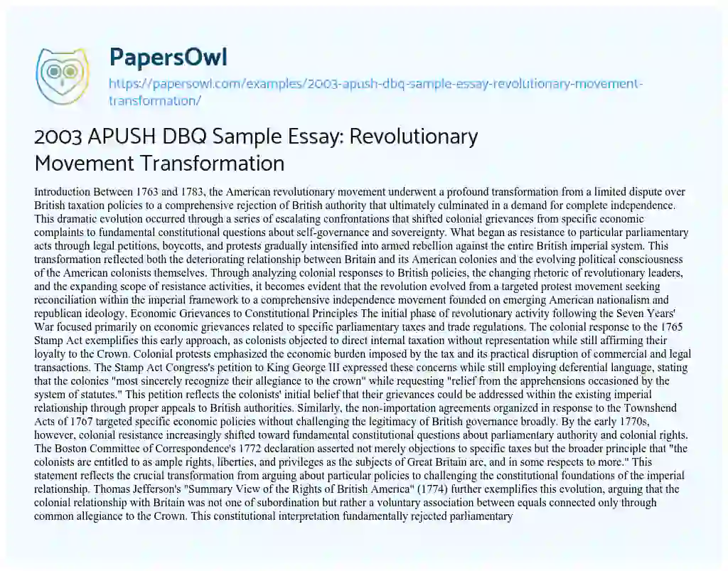 Essay on 2003 APUSH DBQ Sample Essay: Revolutionary Movement Transformation