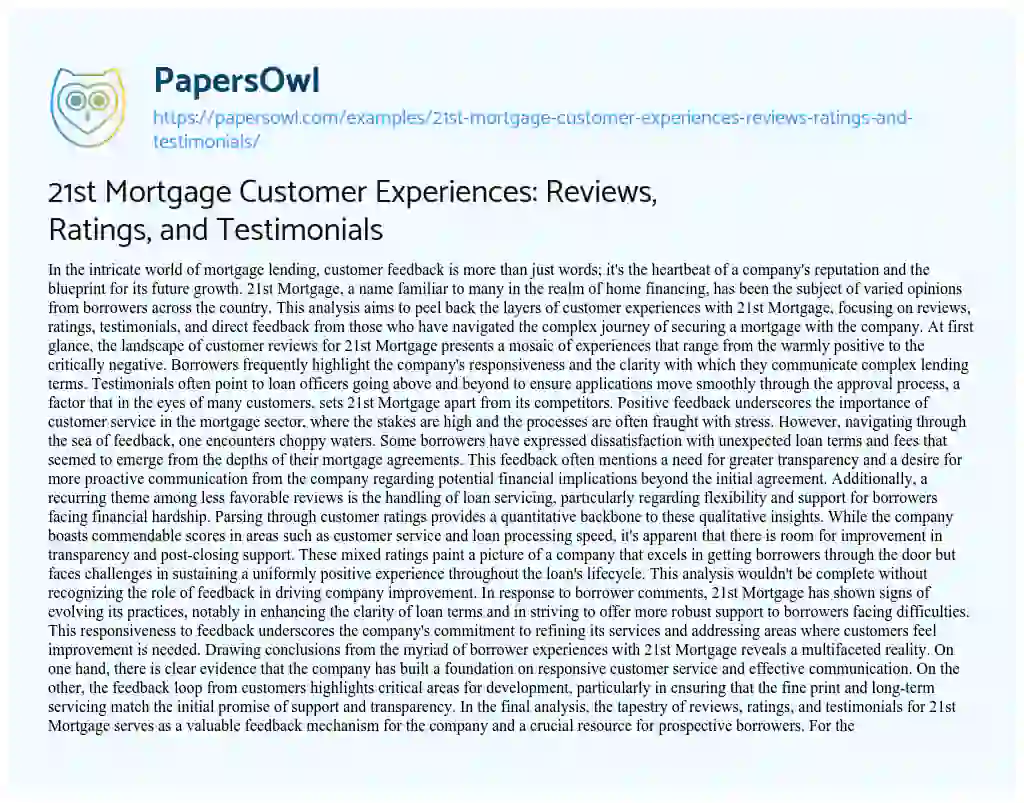 Essay on 21st Mortgage Customer Experiences: Reviews, Ratings, and Testimonials
