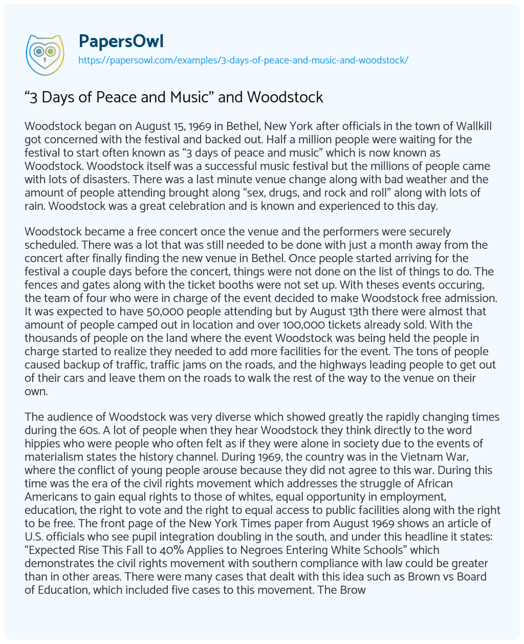 Essay on “3 Days of Peace and Music” and Woodstock
