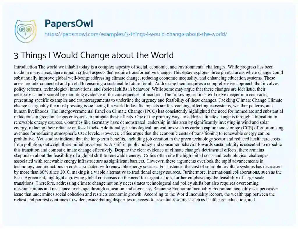 Essay on 3 Things I Would Change about the World