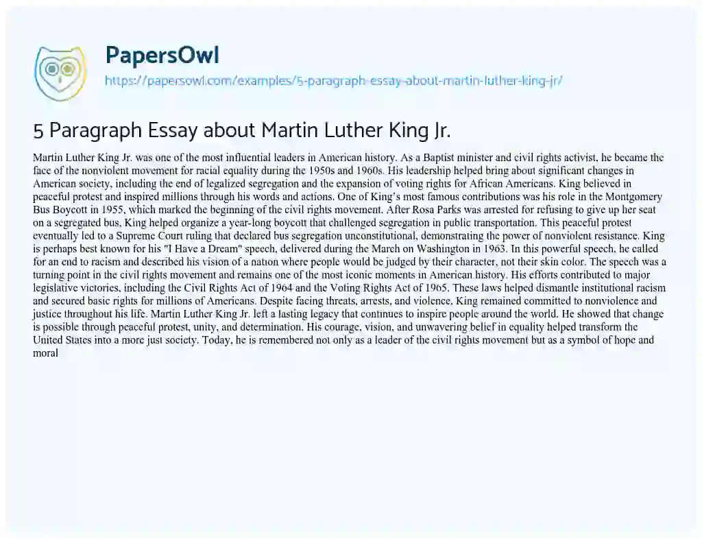 Essay on 5 Paragraph Essay about Martin Luther King Jr.