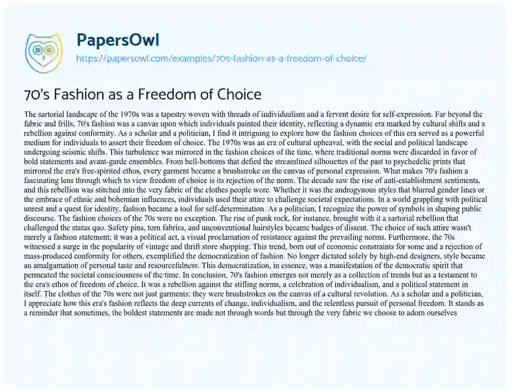 Essay on 70’s Fashion as a Freedom of Choice