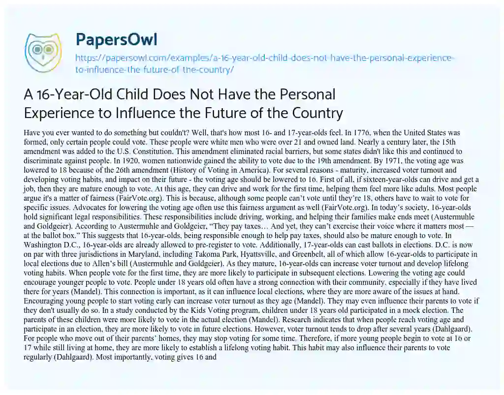 Essay on A 16-Year-Old Child does not have the Personal Experience to Influence the Future of the Country