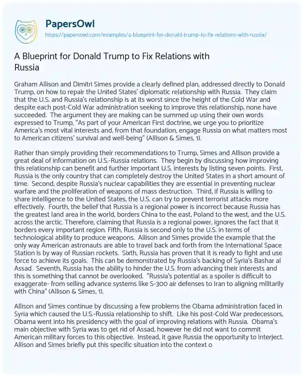 Essay on A Blueprint for Donald Trump to Fix Relations with Russia