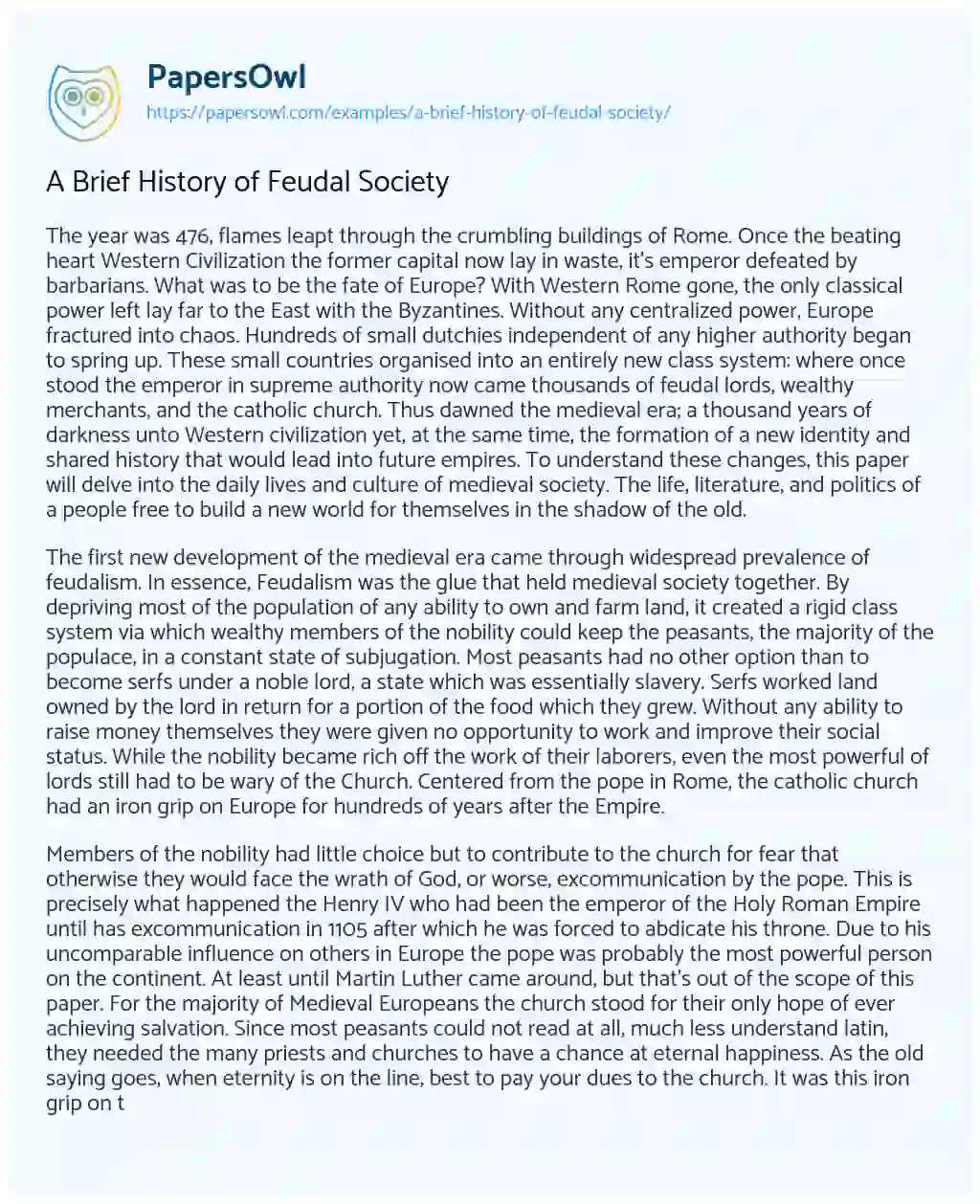 A Brief History of Feudal Society essay