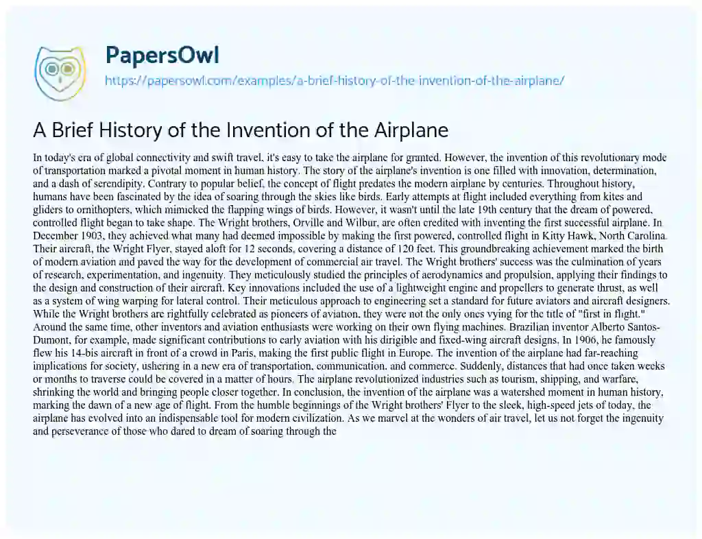 Essay on A Brief History of the Invention of the Airplane
