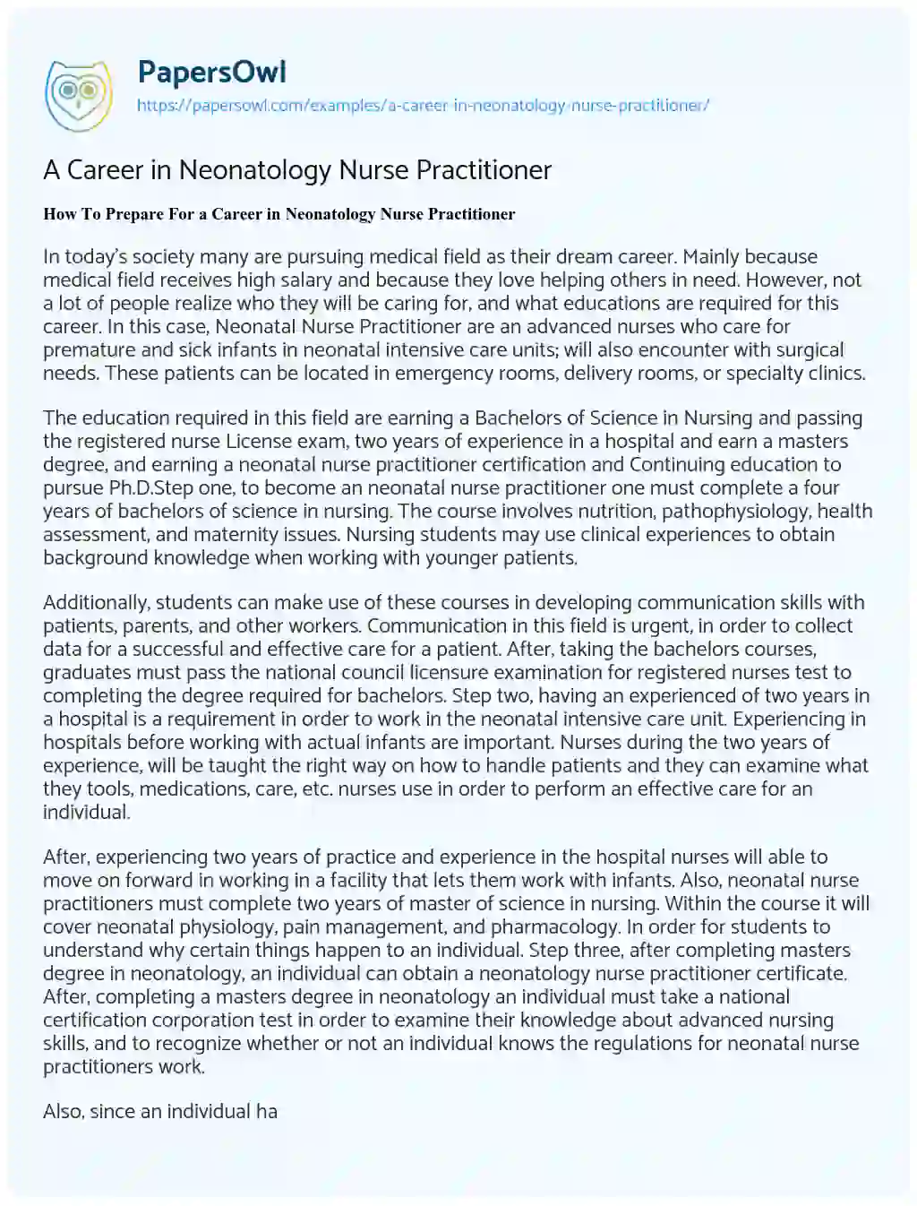 Essay on A Career in Neonatology Nurse Practitioner