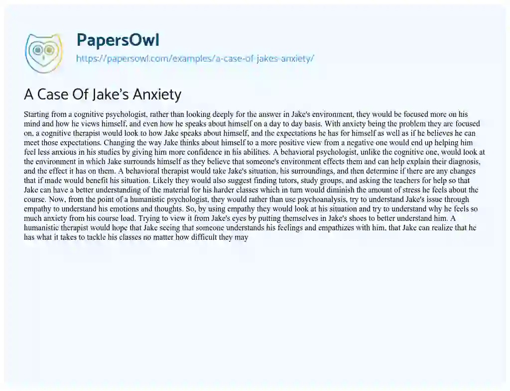 Essay on A Case of Jake’s Anxiety