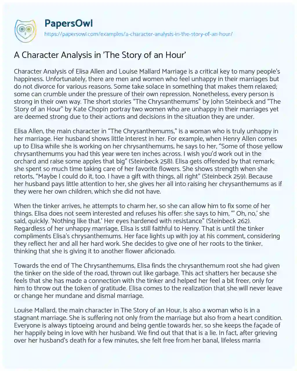 Essay on A Character Analysis in ‘The Story of an Hour’
