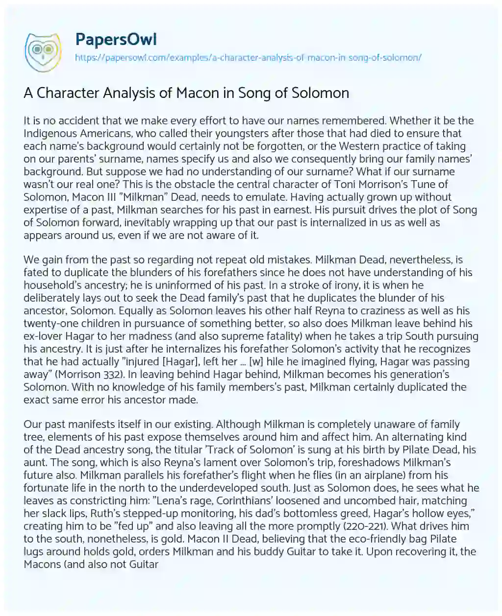 Essay on A Character Analysis of Macon in Song of Solomon