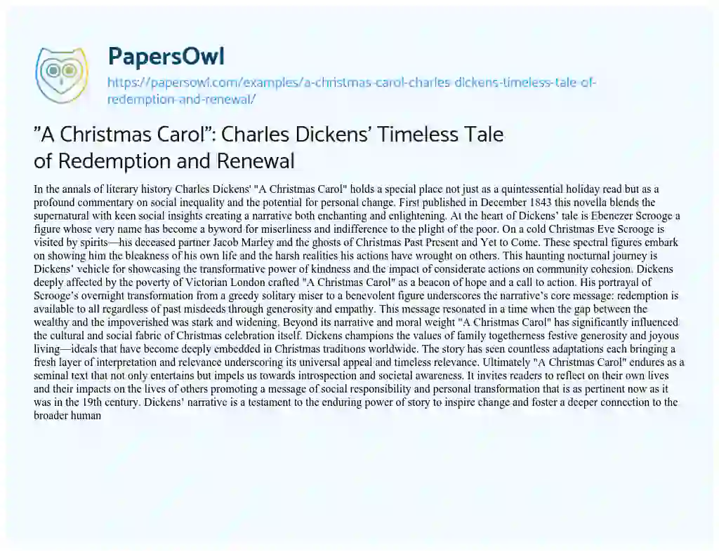 Essay on “A Christmas Carol”: Charles Dickens’ Timeless Tale of Redemption and Renewal