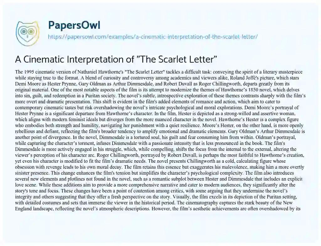 Essay on A Cinematic Interpretation of “The Scarlet Letter”