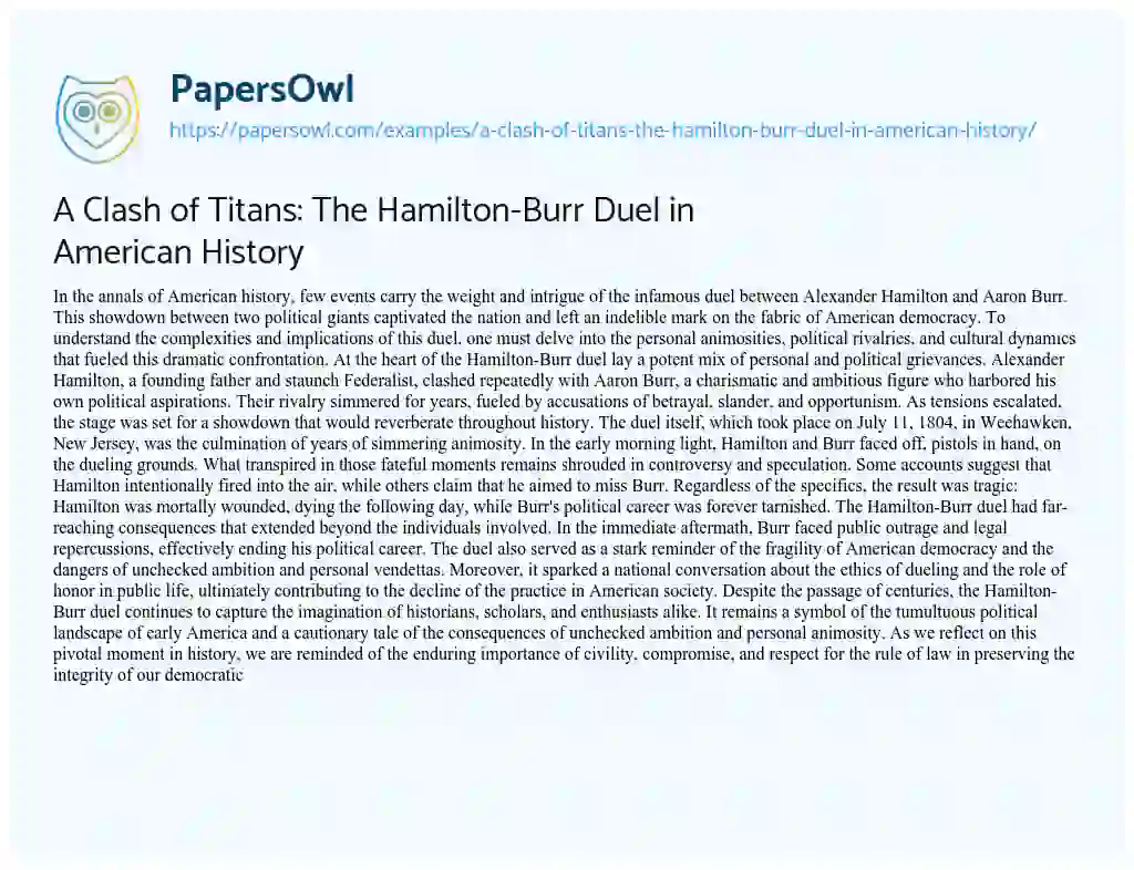 Essay on A Clash of Titans: the Hamilton-Burr Duel in American History