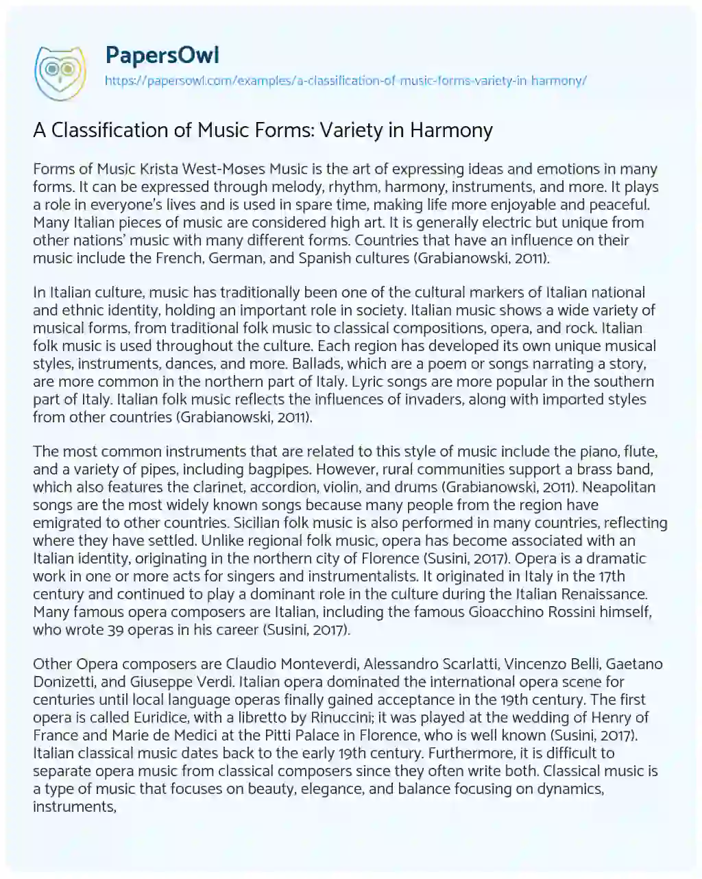 Essay on A Classification of Music Forms: Variety in Harmony