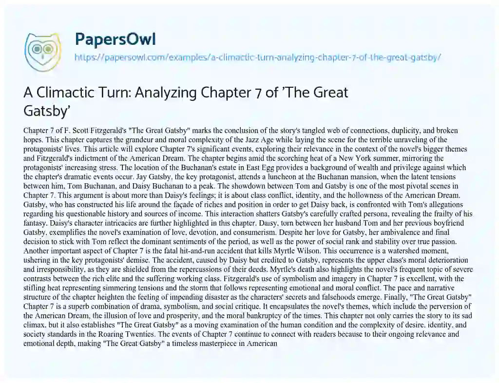 Essay on A Climactic Turn: Analyzing Chapter 7 of ‘The Great Gatsby’