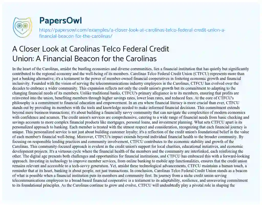 Essay on A Closer Look at Carolinas Telco Federal Credit Union: a Financial Beacon for the Carolinas