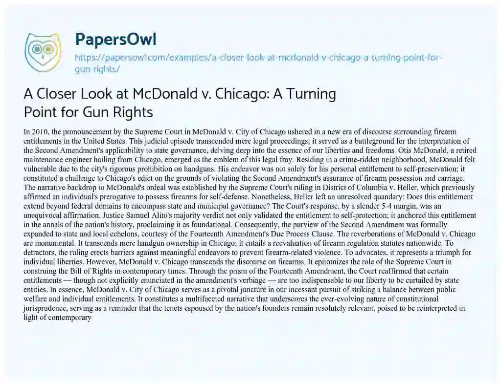 Essay on A Closer Look at McDonald V. Chicago: a Turning Point for Gun Rights