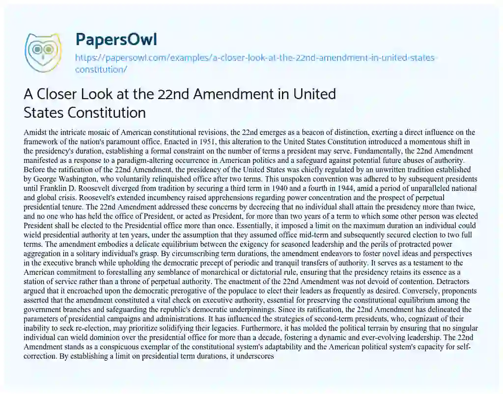 Essay on A Closer Look at the 22nd Amendment in United States Constitution