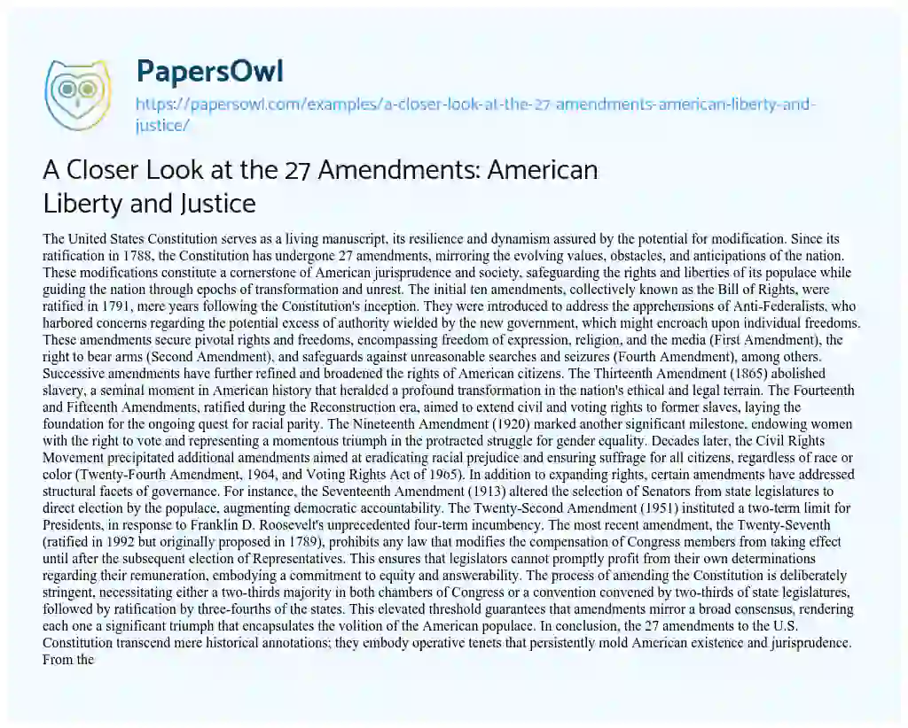 Essay on A Closer Look at the 27 Amendments: American Liberty and Justice