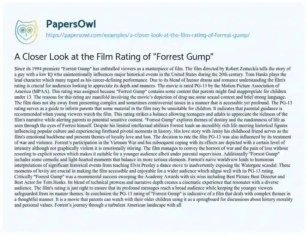 Essay on A Closer Look at the Film Rating of “Forrest Gump”