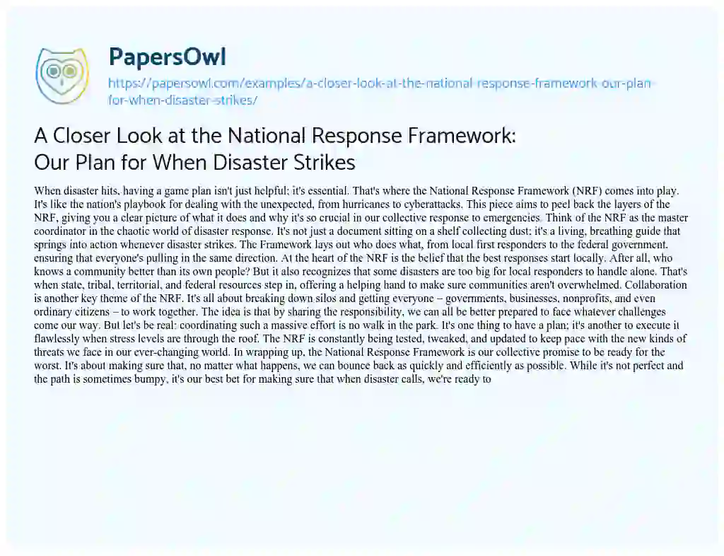 Essay on A Closer Look at the National Response Framework: our Plan for when Disaster Strikes