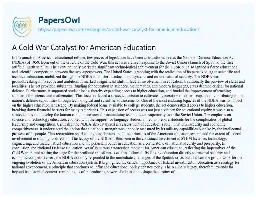 Essay on A Cold War Catalyst for American Education