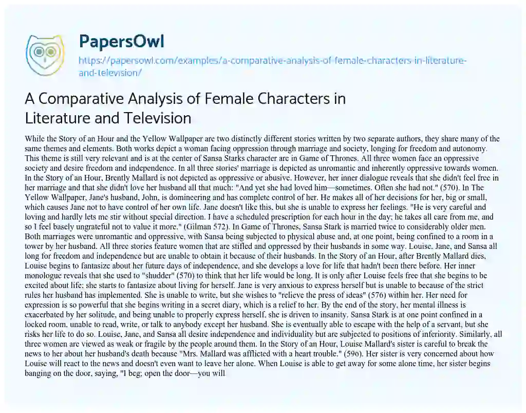 Essay on A Comparative Analysis of Female Characters in Literature and Television