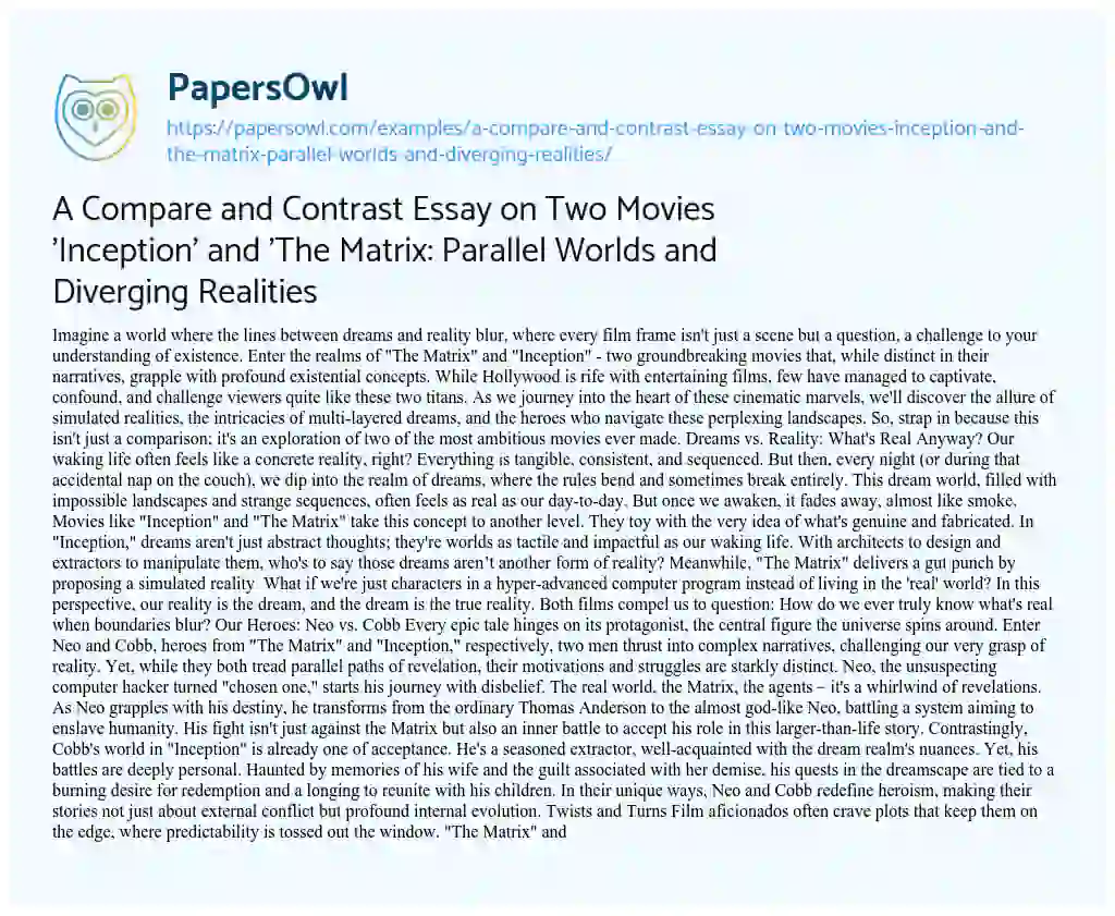 Essay on A Compare and Contrast Essay on Two Movies ‘Inception’ and ‘The Matrix: Parallel Worlds and Diverging Realities