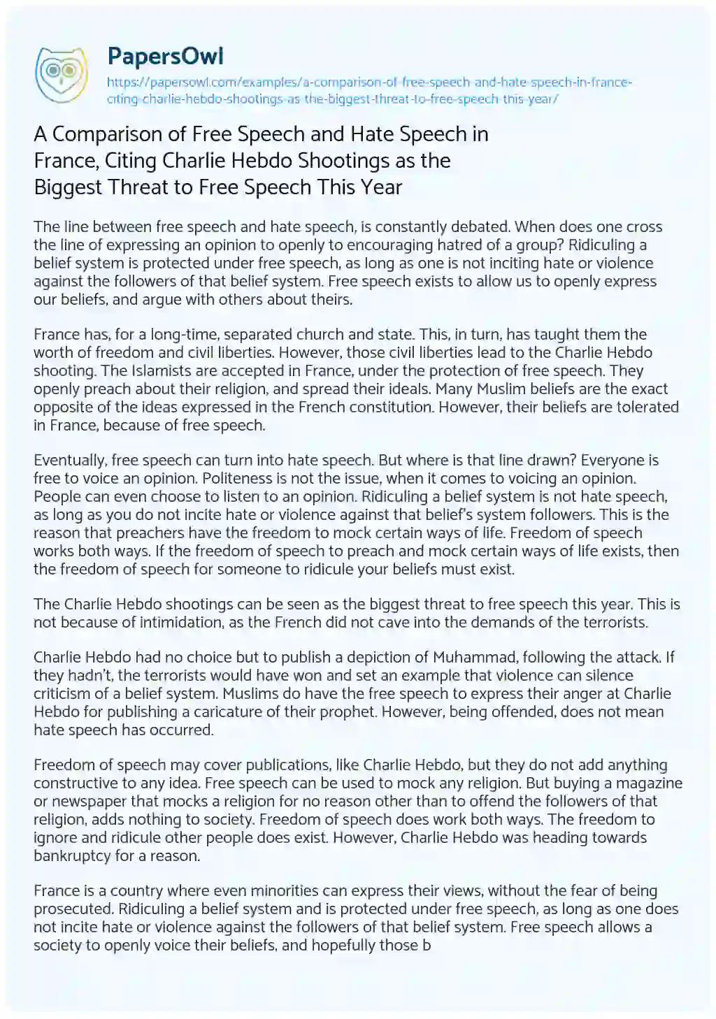 Essay on A Comparison of Free Speech and Hate Speech in France, Citing Charlie Hebdo Shootings as the Biggest Threat to Free Speech this Year