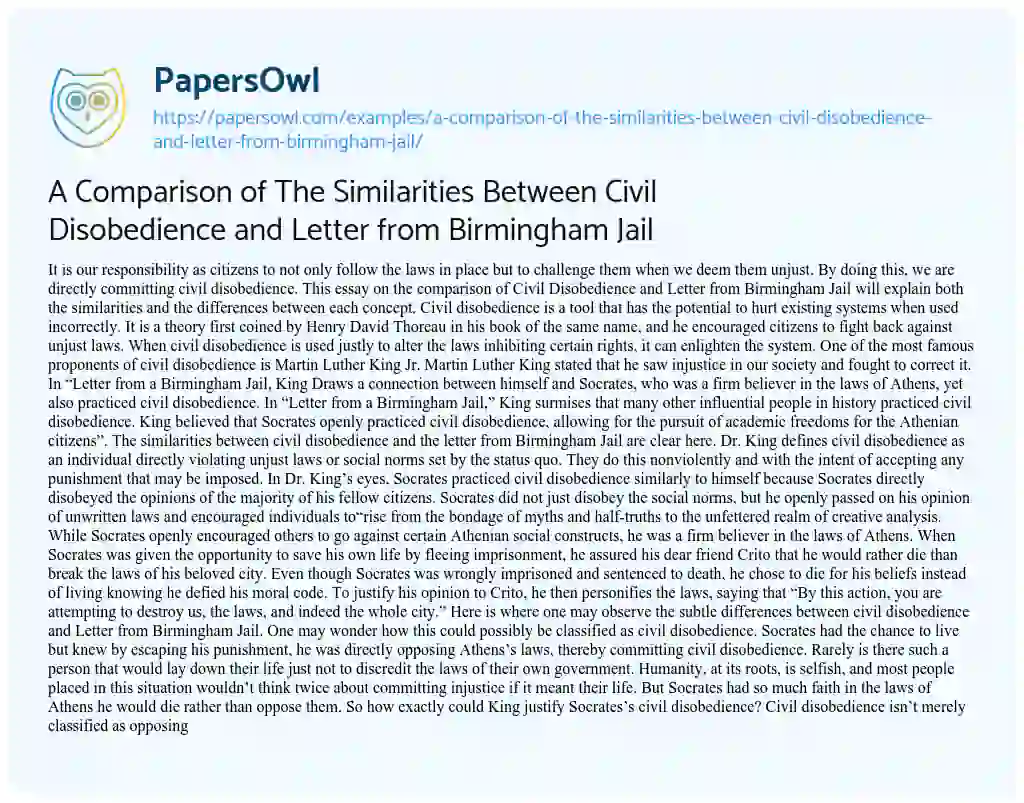 Essay on A Comparison of the Similarities between Civil Disobedience and Letter from Birmingham Jail