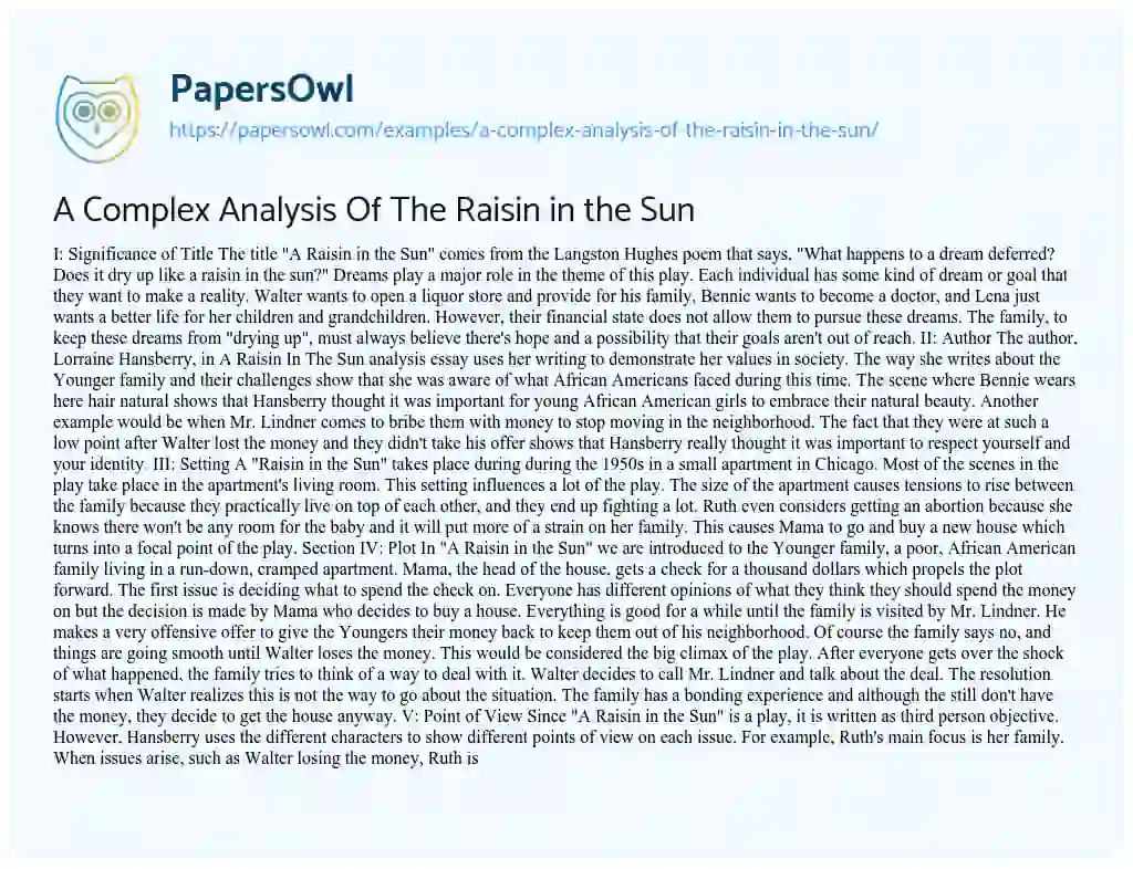 Essay on A Complex Analysis of the Raisin in the Sun
