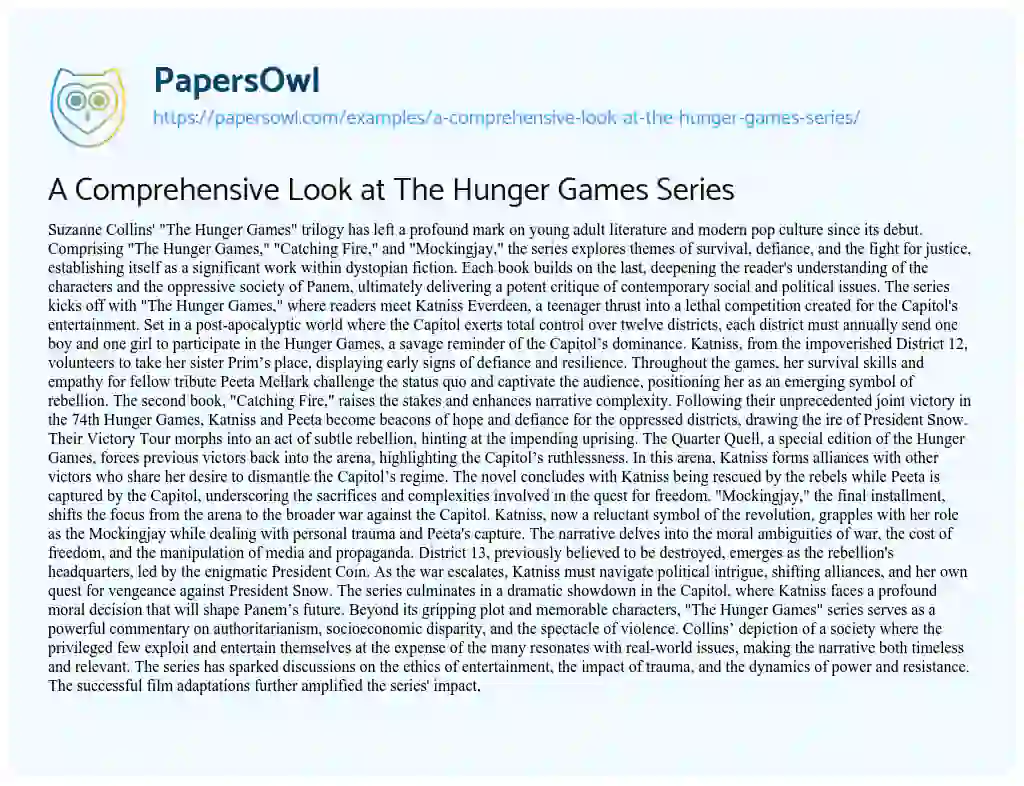 Essay on A Comprehensive Look at the Hunger Games Series