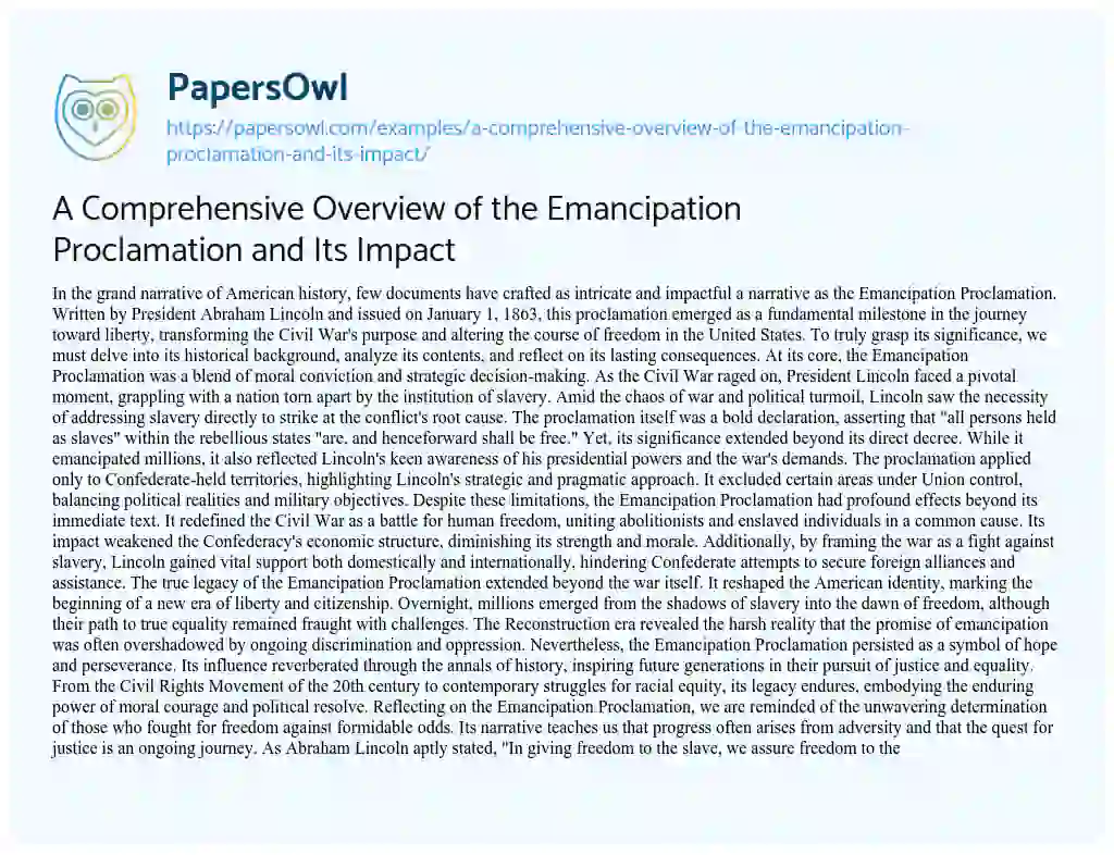 Essay on A Comprehensive Overview of the Emancipation Proclamation and its Impact