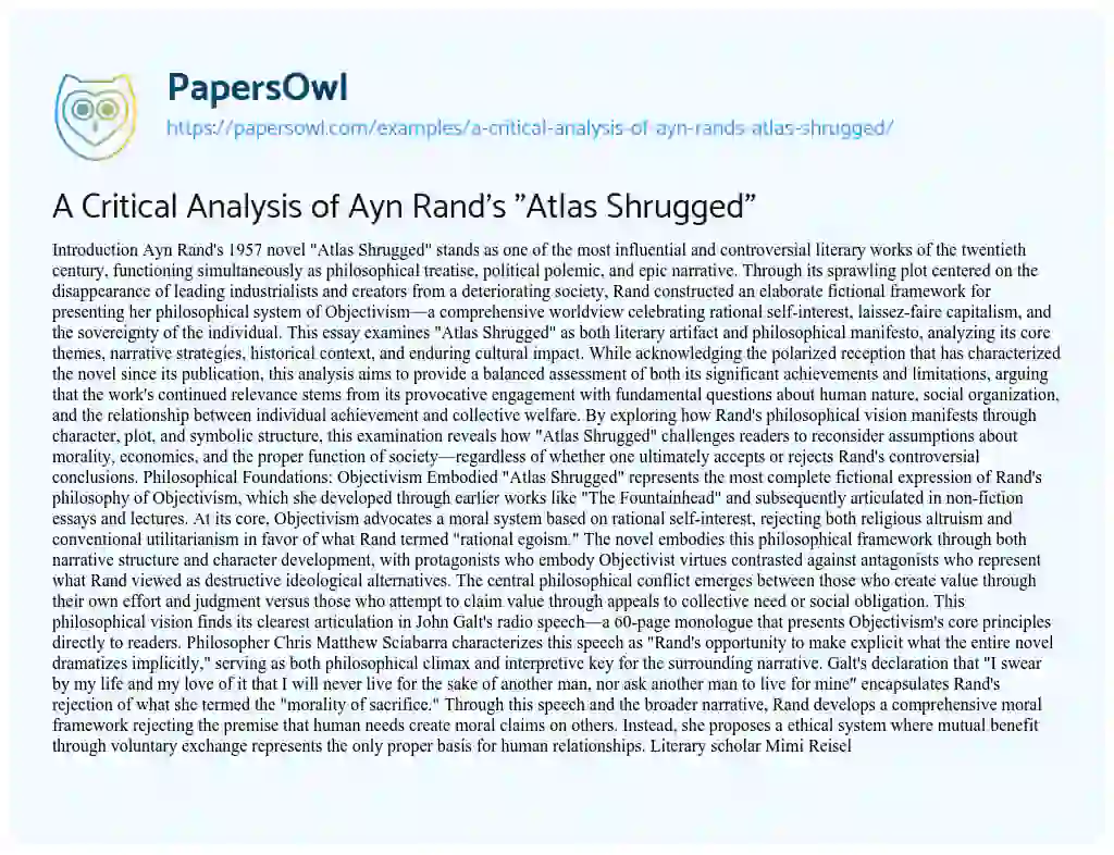 Essay on A Critical Analysis of Ayn Rand’s “Atlas Shrugged”