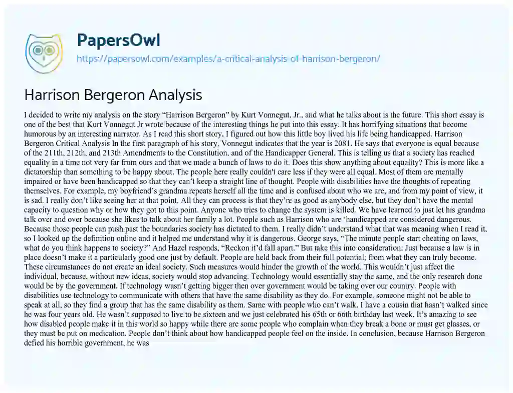 Essay on Harrison Bergeron Analysis