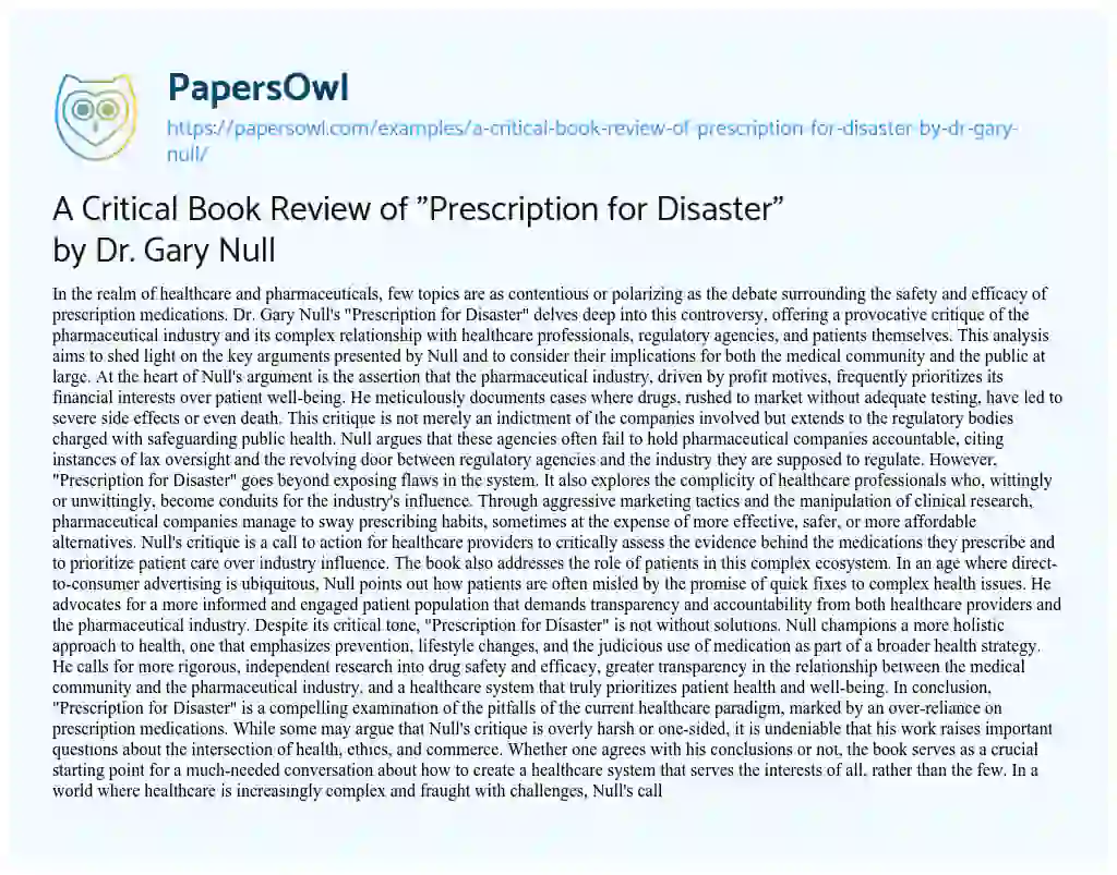 Essay on A Critical Book Review of “Prescription for Disaster” by Dr. Gary Null