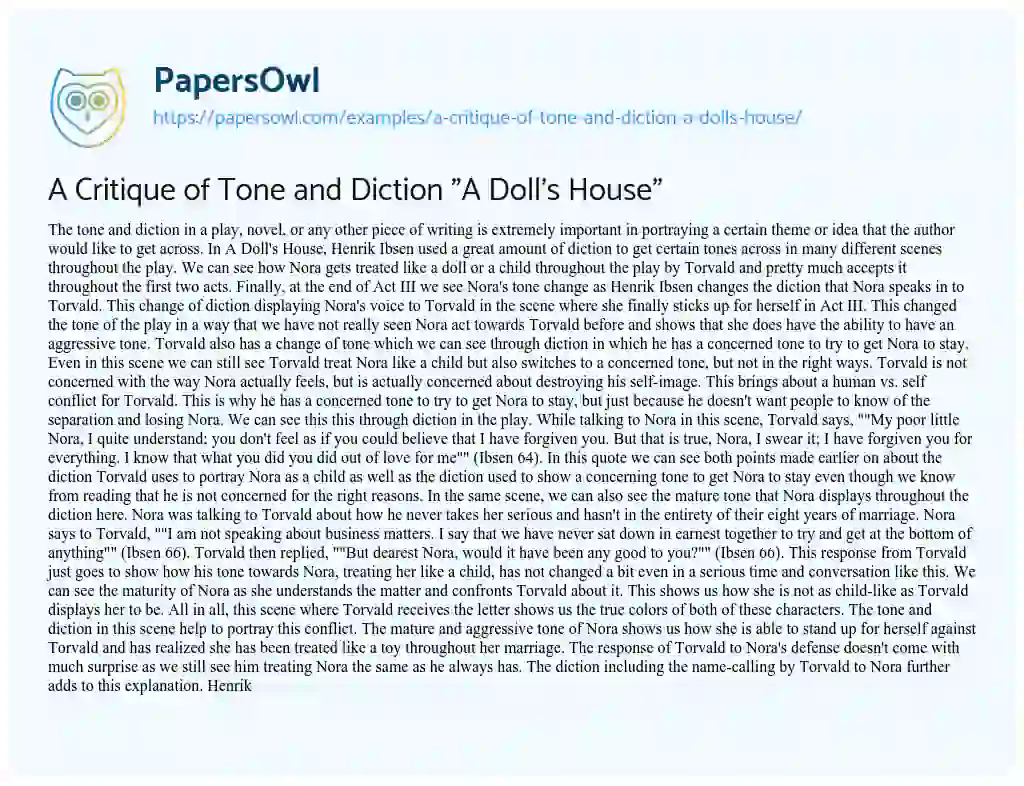 A Critique of Tone and Diction “A Doll’s House” essay
