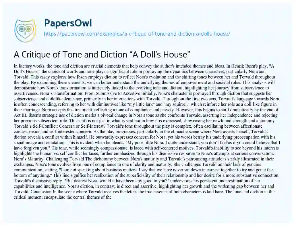 Essay on A Critique of Tone and Diction “A Doll’s House”