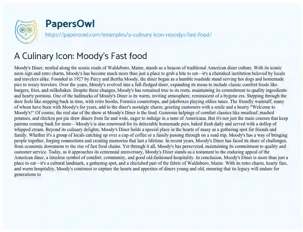 Essay on A Culinary Icon: Moody’s Fast Food