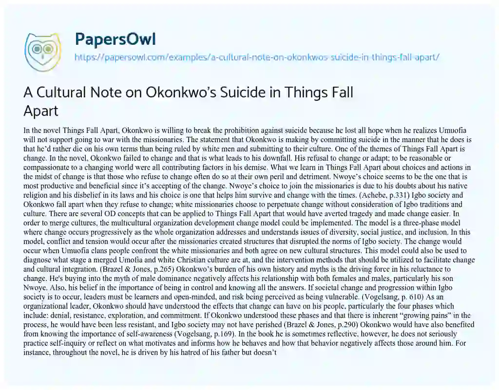 Essay on A Cultural Note on Okonkwo’s Suicide in Things Fall Apart