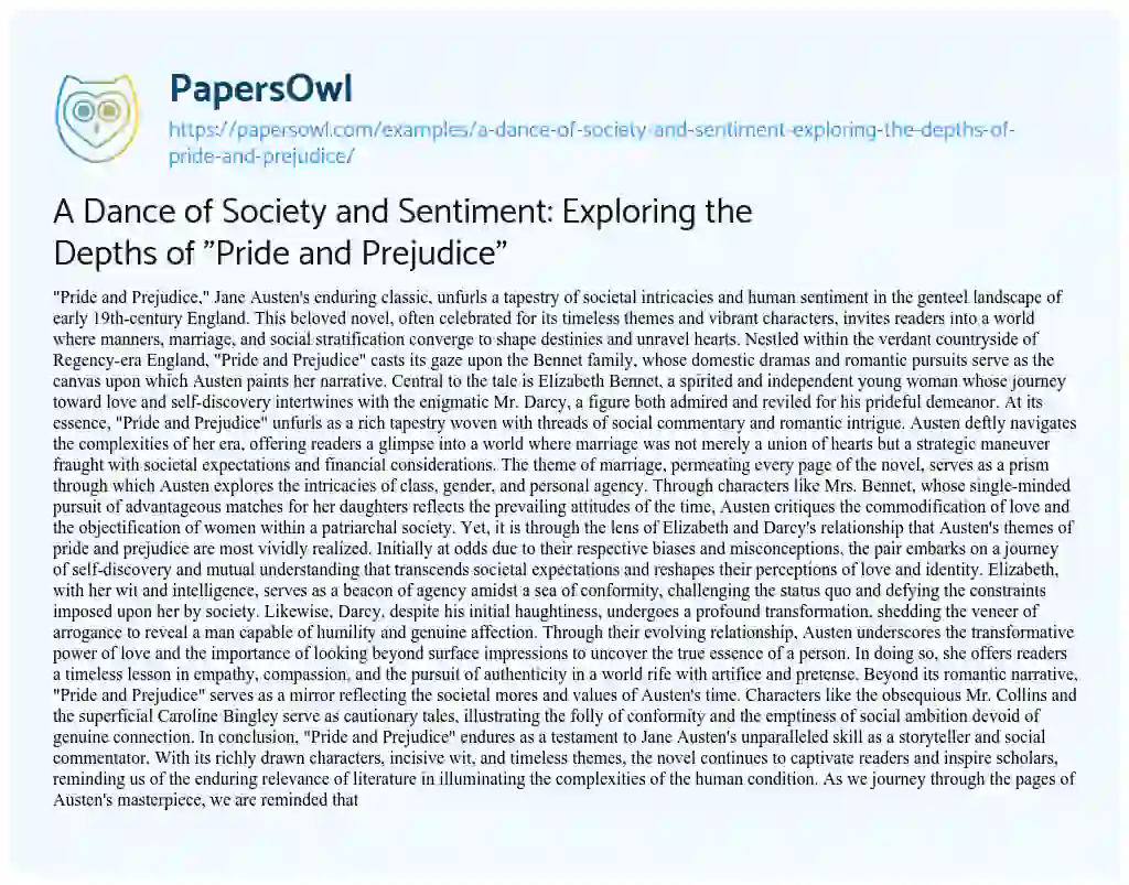 Essay on A Dance of Society and Sentiment: Exploring the Depths of “Pride and Prejudice”